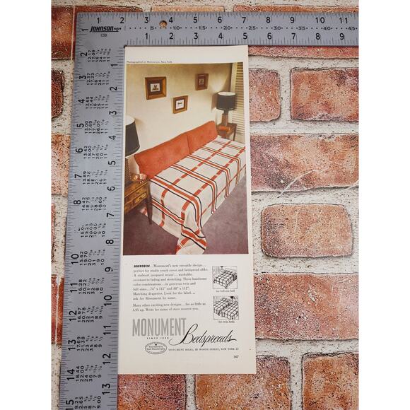 1950 Monument Bedspreads Oh So MCM Daybed Couch Plaid Orange Retro Vtg Print Ad - Picture 3 of 6